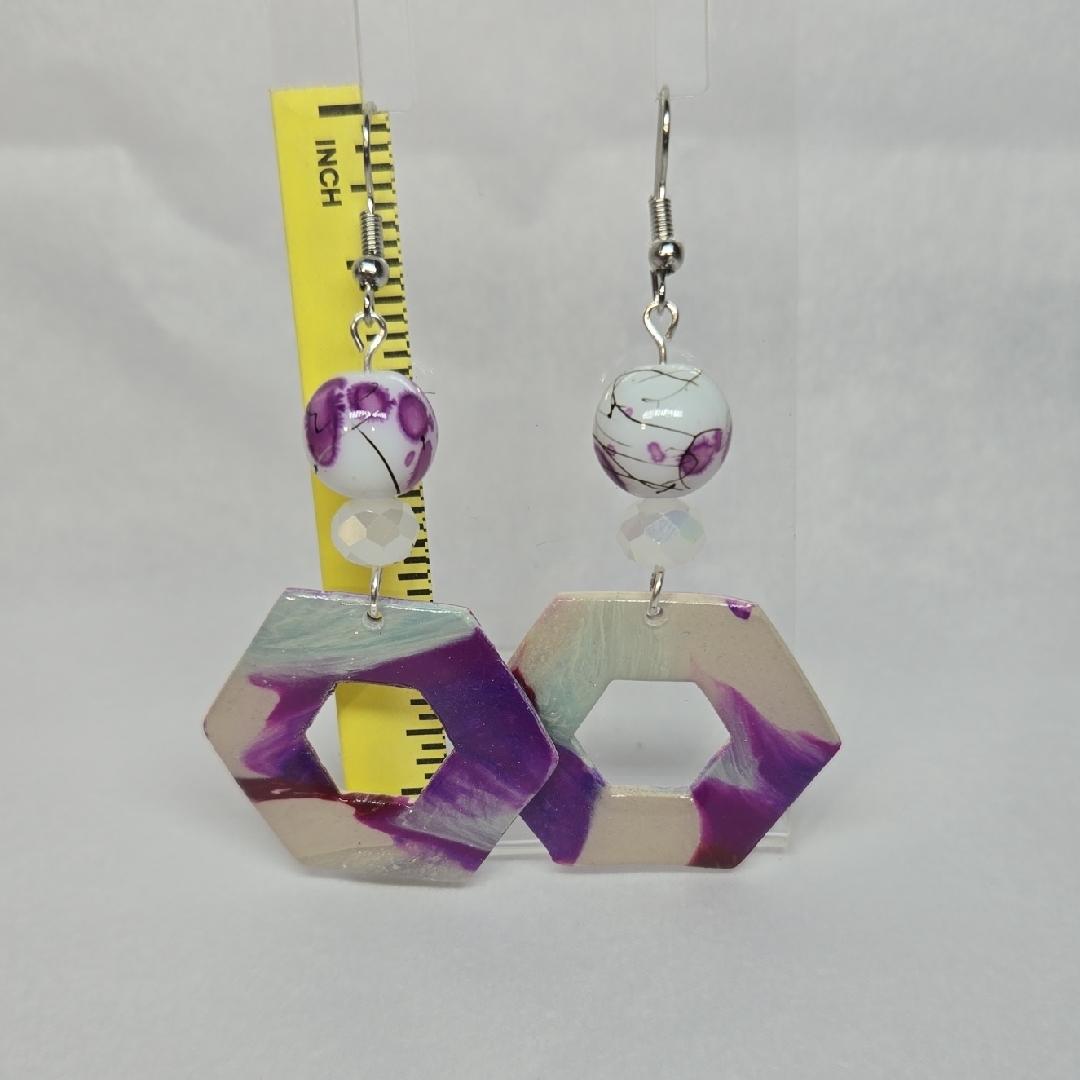 B306- Chic Purple And Cream Hexagon Earrings 20$